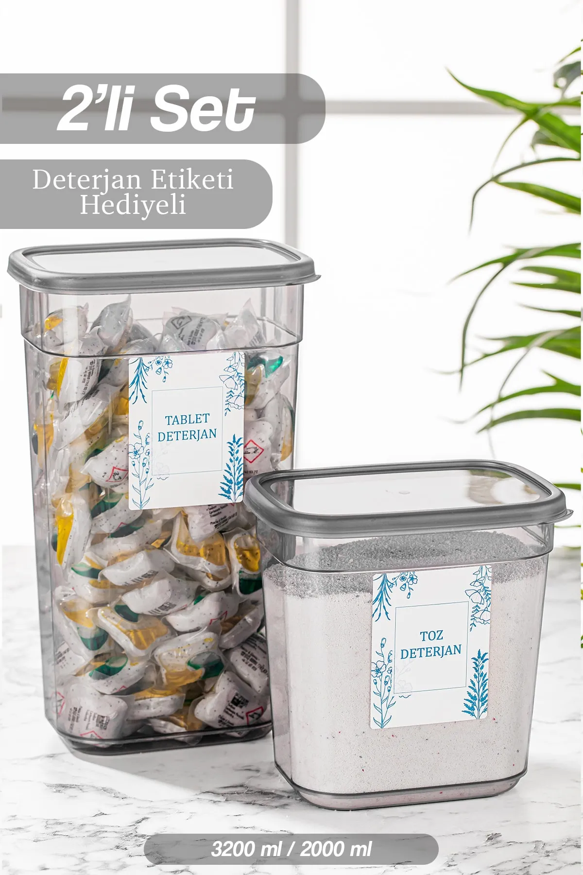 Meleni Home  Set mit 2 rechteckigen Elina-Aufbewahrungsbehältern – beschriftete Aufbewahrungsbox für Reinigungsmitteltabletten, 3200 ml, 2000 ml