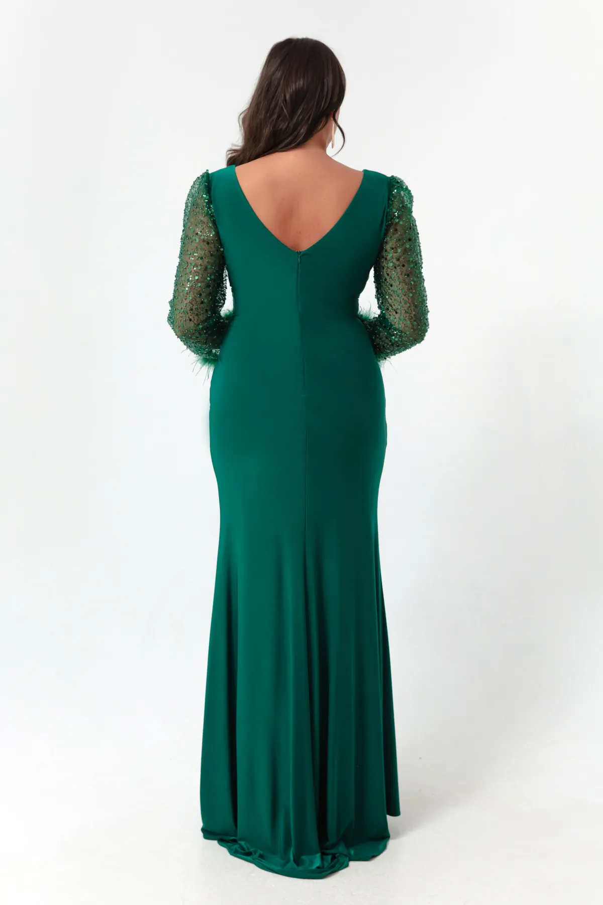 Lafaba  Smaragdgrünes Damen-Abendkleid mit V-Ausschnitt und Steinschlitzen in Übergröße