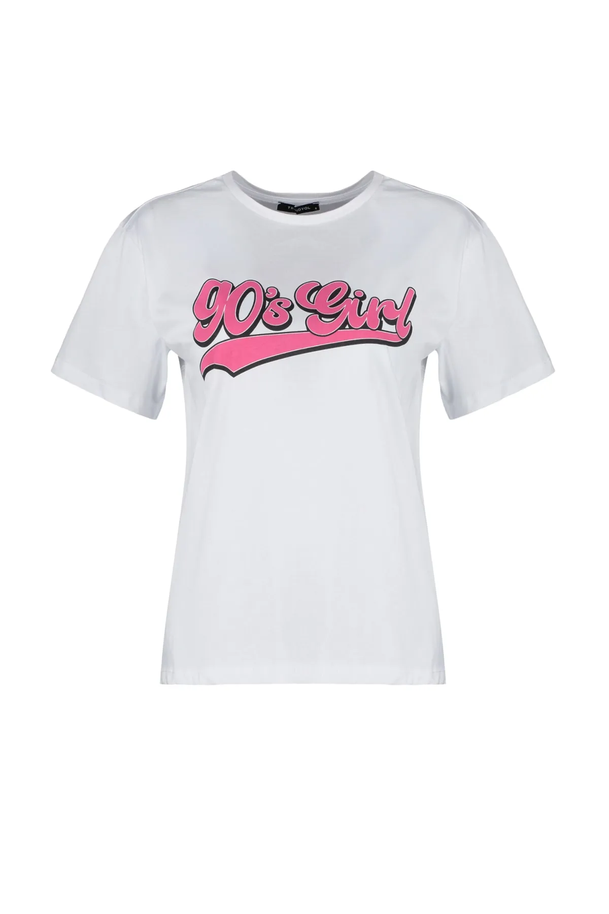 Trendyol Collection  Weißes bedrucktes Oversize/Wide Fit Strick-T-Shirt mit Stehkragen, 100 % Baumwolle TWOSS23TS00373