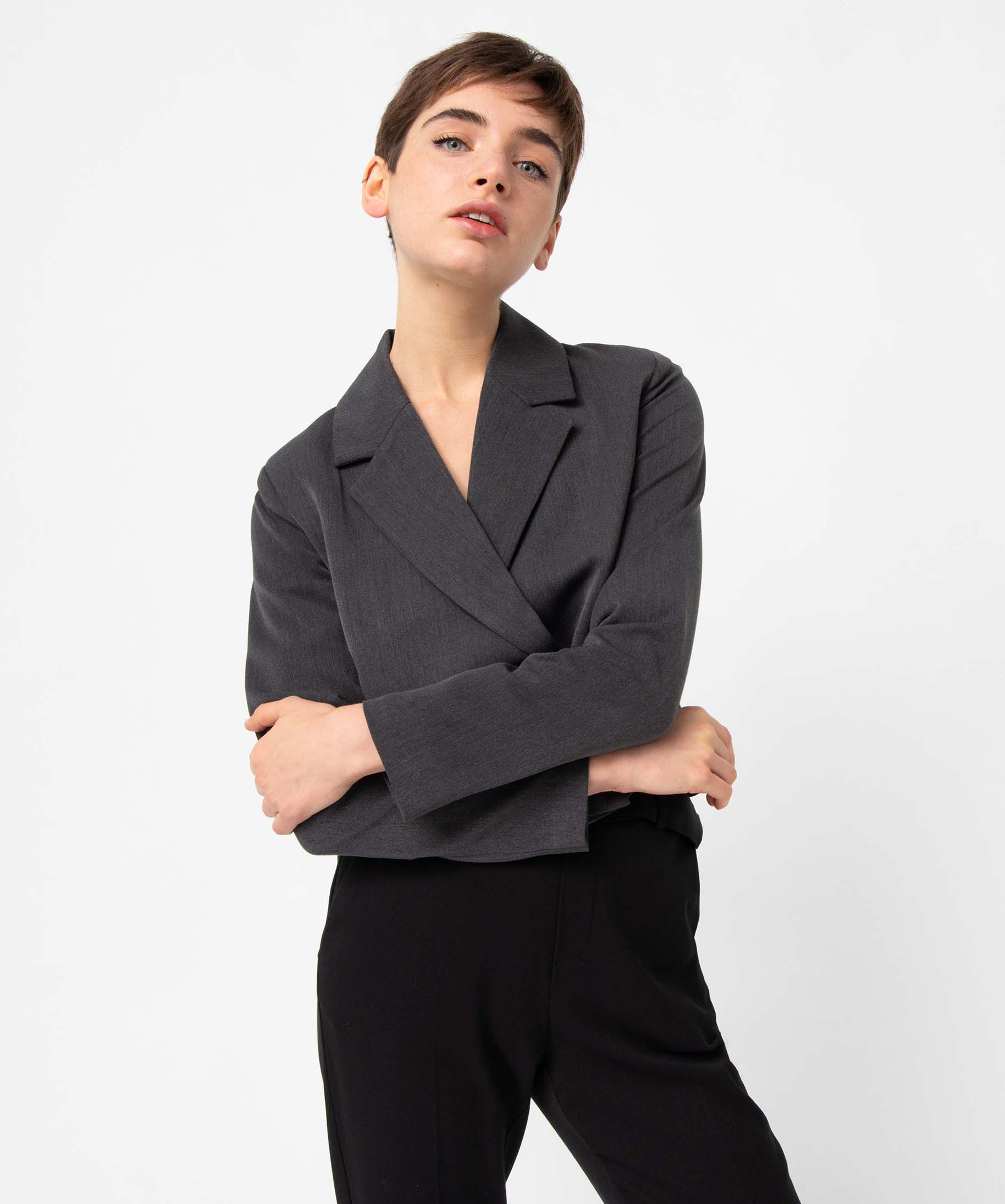Veste femme coupe courte fermeture croisée gris | GEMO
