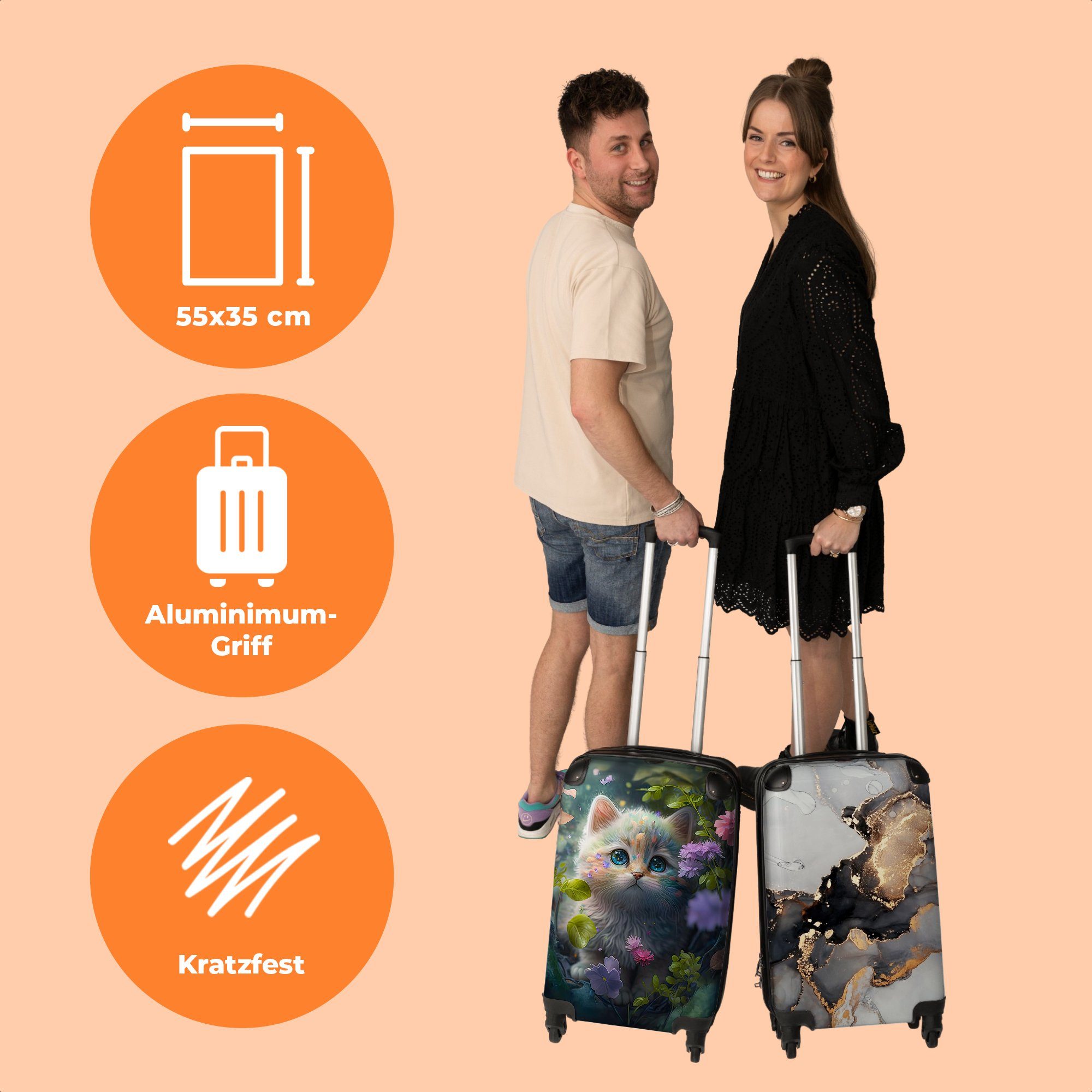 NoBoringSuitcases.com© Handgepäckkoffer 55x35x20cm Kätzchen - Blumen - Wald - Illustration - Katze, 4 Rollen, Handgepäck Trolley Rollkoffer Kleine Reisekoffer mit 4 Rollen - Cabin