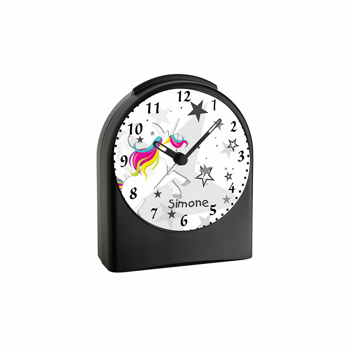 Kinder Funkwecker personalisiert mit Namen Einhorn Atom-/Funkuhr, 12-Stunden-Anzeigeformat, Schlummerfunktion, Nachtlicht, Geräuschlos/Ohne Ticken