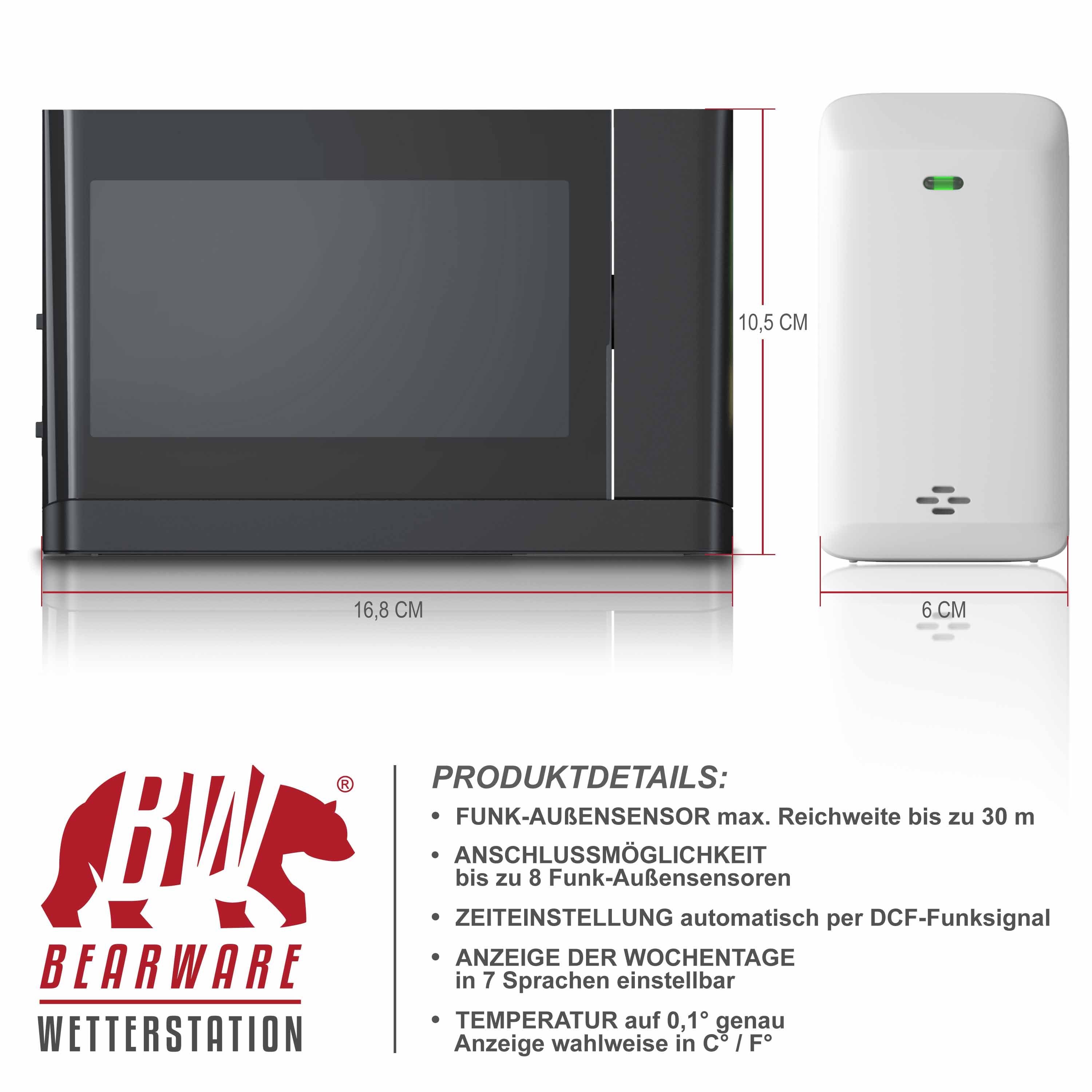 BEARWARE Wetterstation (mit Außensensor, Funkwetterstation mit Projektion (um 180° drehbar) & Farbdisplay)