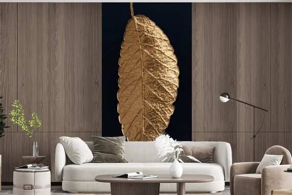 MuchoWow Fototapete Blätter - Schwarz - Gold - Luxus - Natur, Matt, bedruckt, (2 St), Vliestapete für Wohnzimmer Schlafzimmer Küche, Fototapete