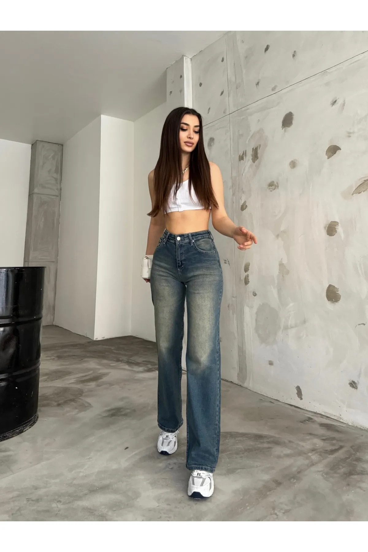 BİKELİFE  Damen-Jeans im Vintage-Stil mit hoher Taille und weitem Bein in hellem Effekt