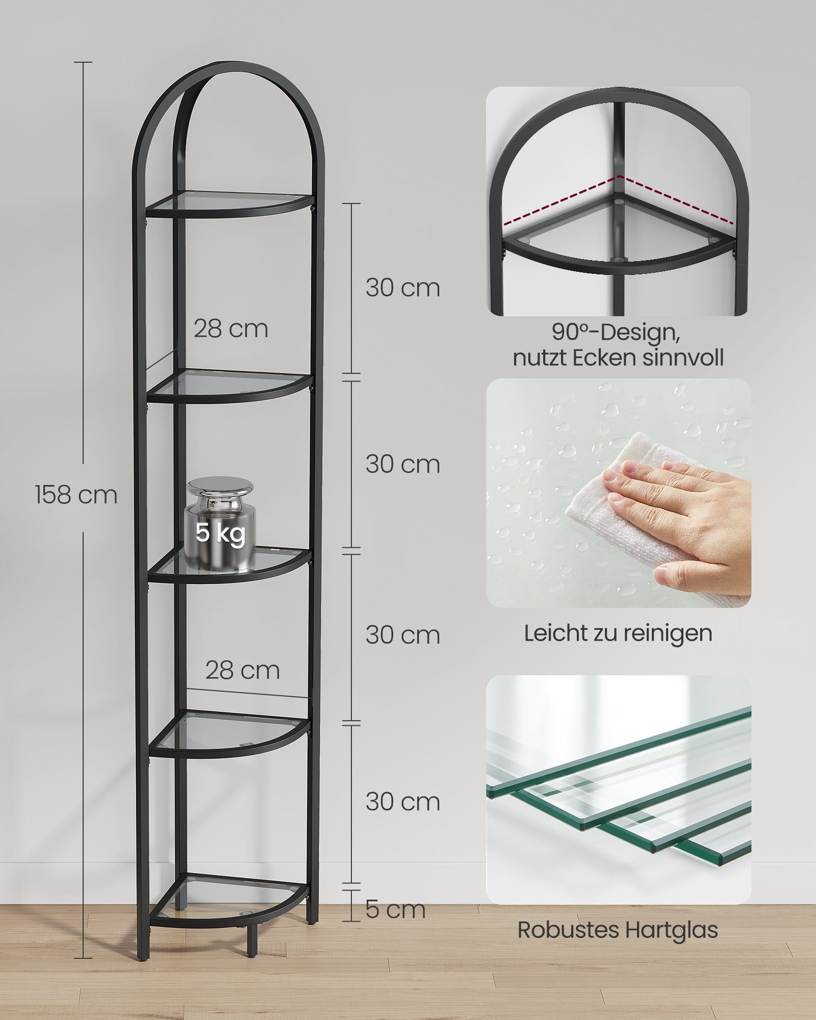 VASAGLE Eckregal, Standregal mit 5 Etagen, Metall, Hartglas