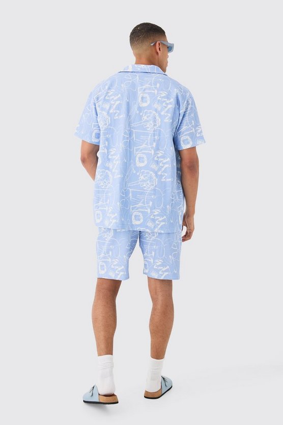 Oversized Graffiti Printed Pleated Shirt & Short