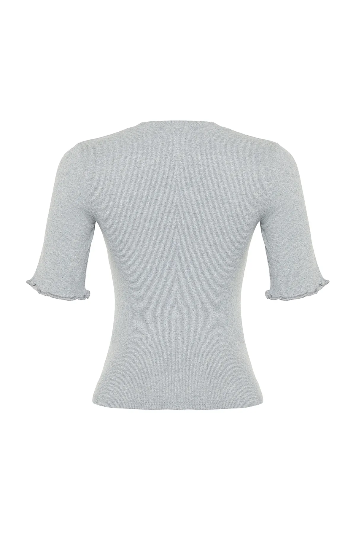 Trendyol Collection  Gerippte, taillierte, dehnbare Strickbluse mit Rundhalsausschnitt in Grau-Melange TWOSS23BZ00025