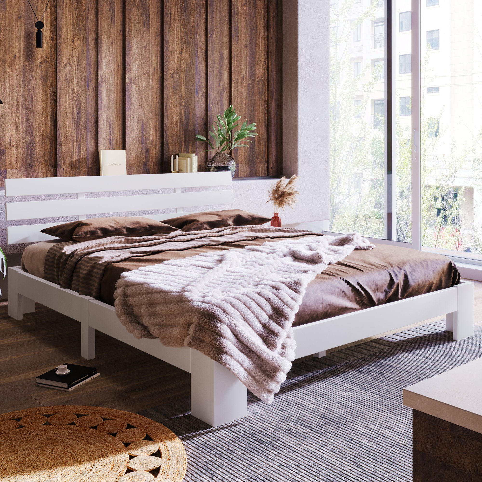 PHOEBE CAT Massivholzbett (1-tlg., Maasivholzbett), Doppelbett mit Kopfteil und Lattenrost, 200 x 140 cm Futonbett