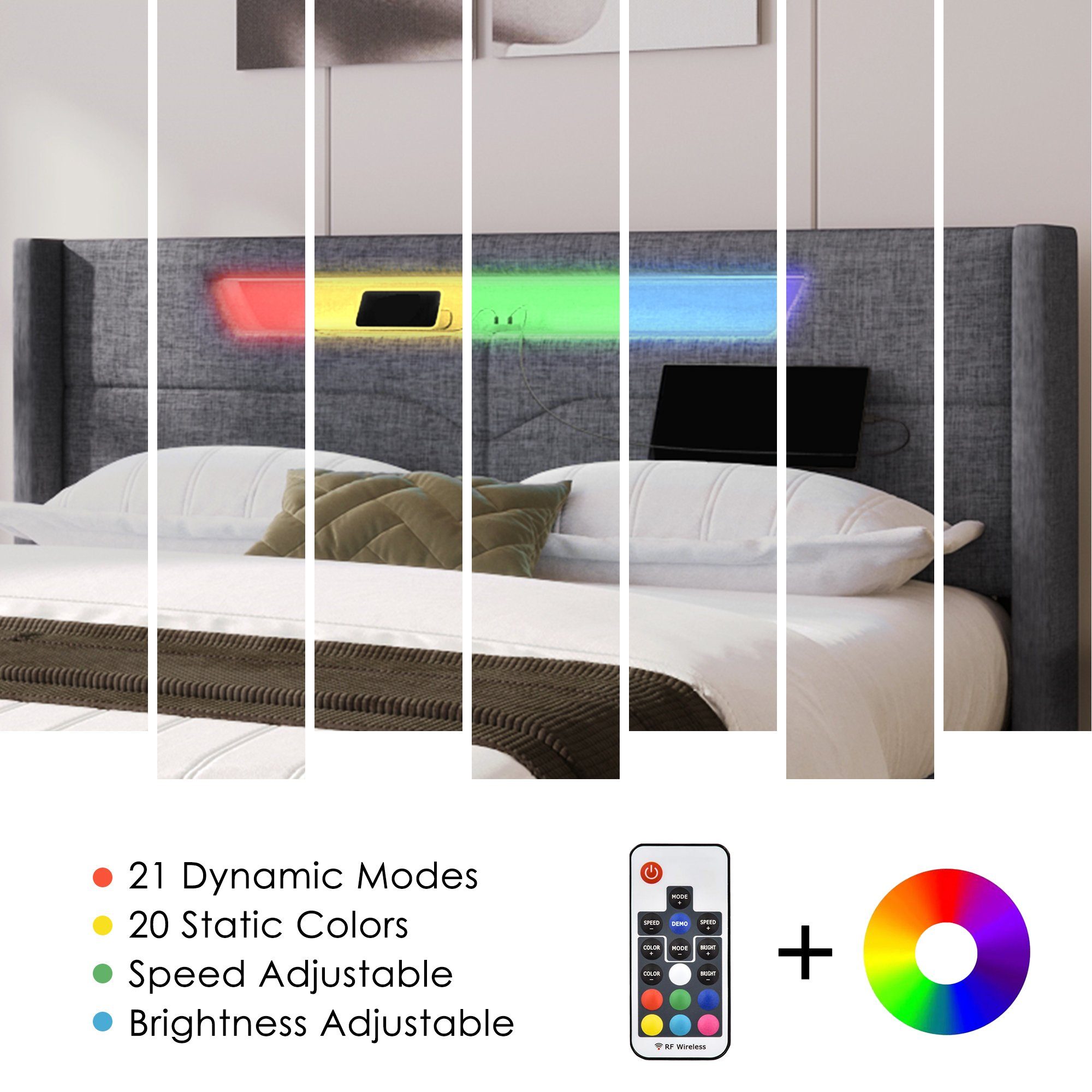 REDOM Polsterbett LED Doppelbett mit USB Typ C Ladefunktion, 140 x 200 cm, ohne-Matratze