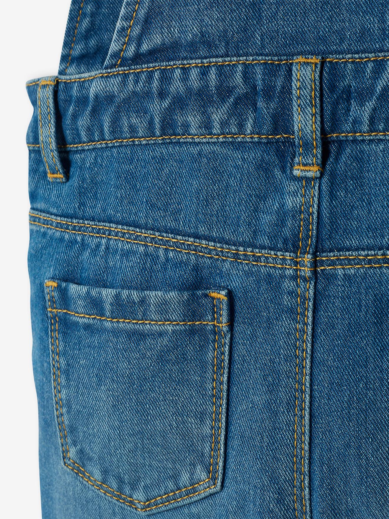 Salopette en jean brodée fleurs fille jambes larges stone