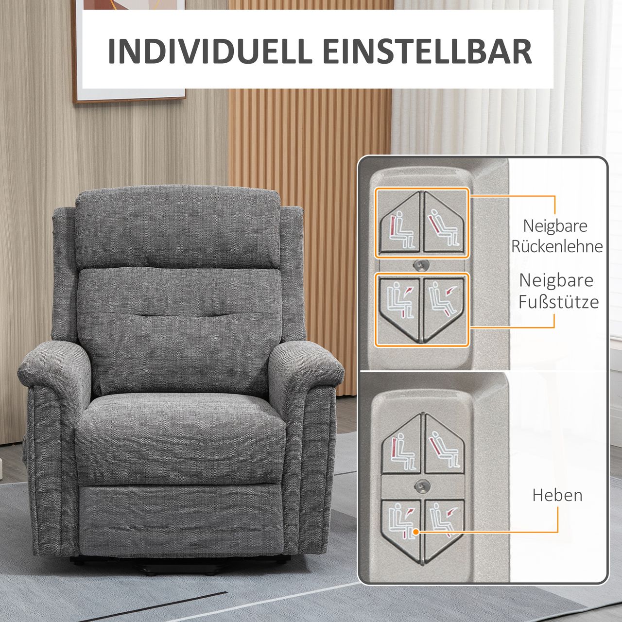 HOMCOM Elektrischer Aufstehsessel mit 2 Motoren Fernsehsessel Relaxsessel mit Liegefunktion Sessel mit Aufstehhilfe Seniorensessel mit Fernsteuerung mit Leinen-Optik Grau 89 x 96 x 108 cm