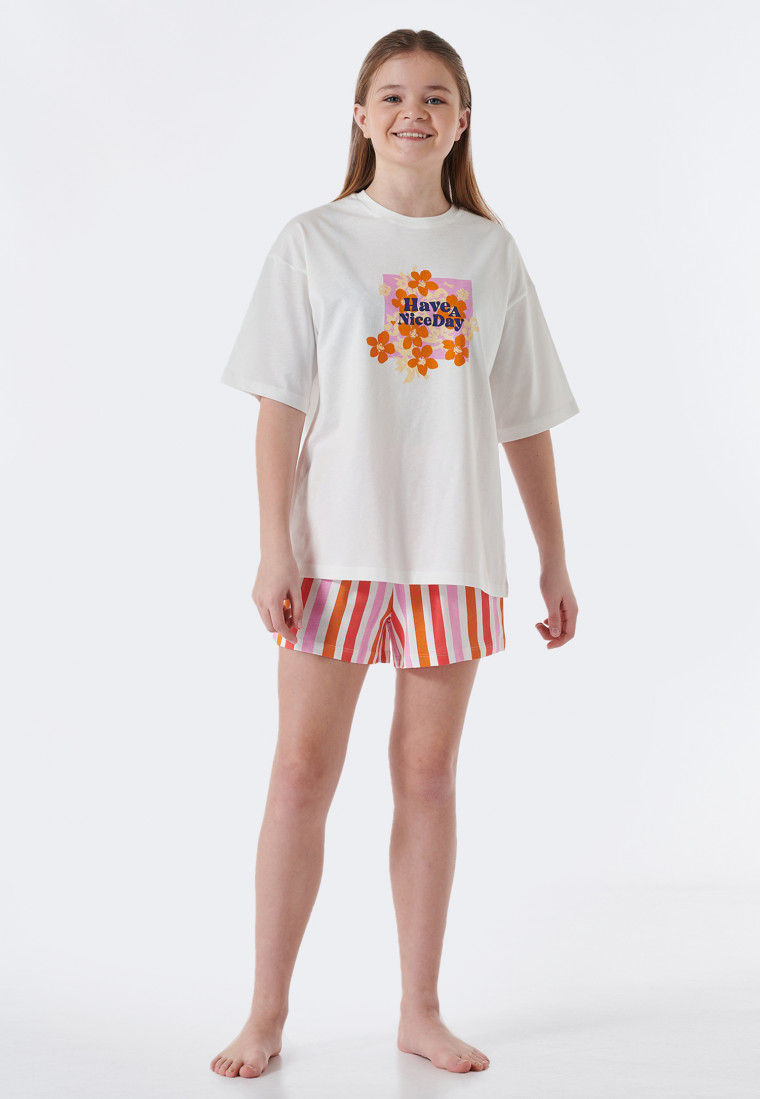 Schlafanzug kurz Organic Cotton Streifen Blumen off-white - Nightwear