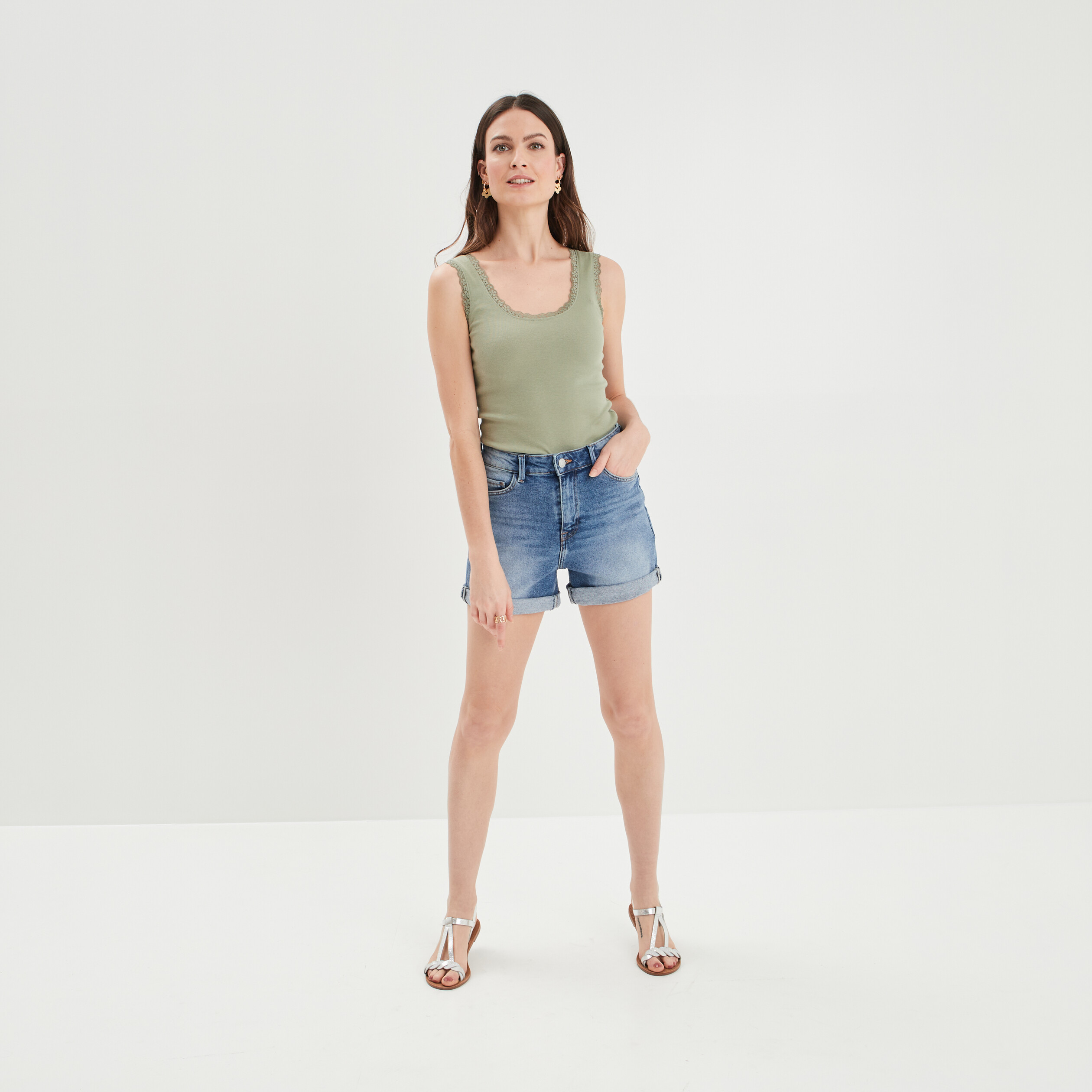 Short mom taille haute en jean denim double stone femme | La Halle