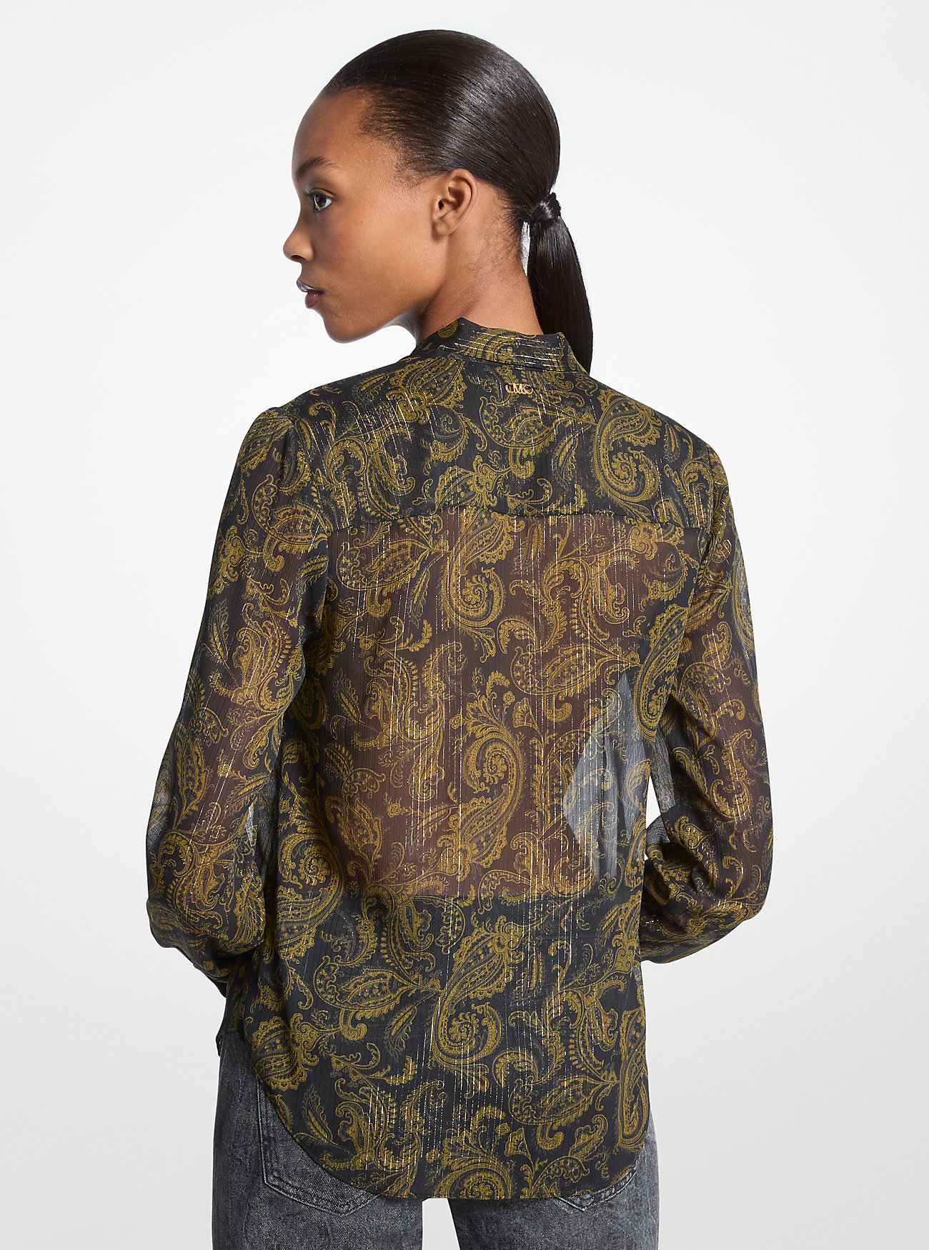 Metallic Paisley Print Tie-Front Georgette Blouse - IVY