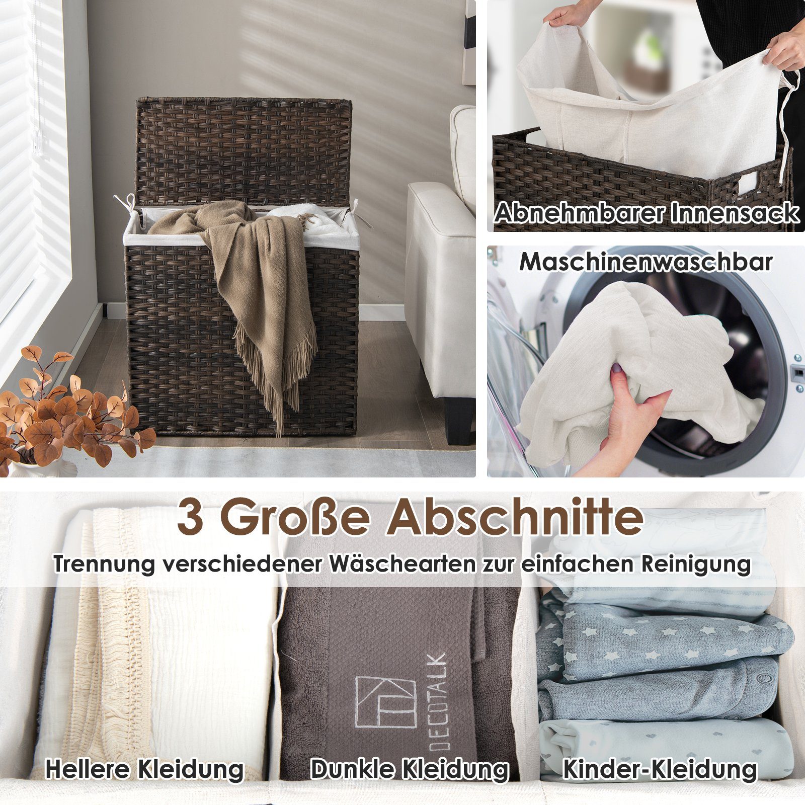 COSTWAY Wäschebox, mit Deckel, 3 Fächern, 110L, klappbar, Rattan