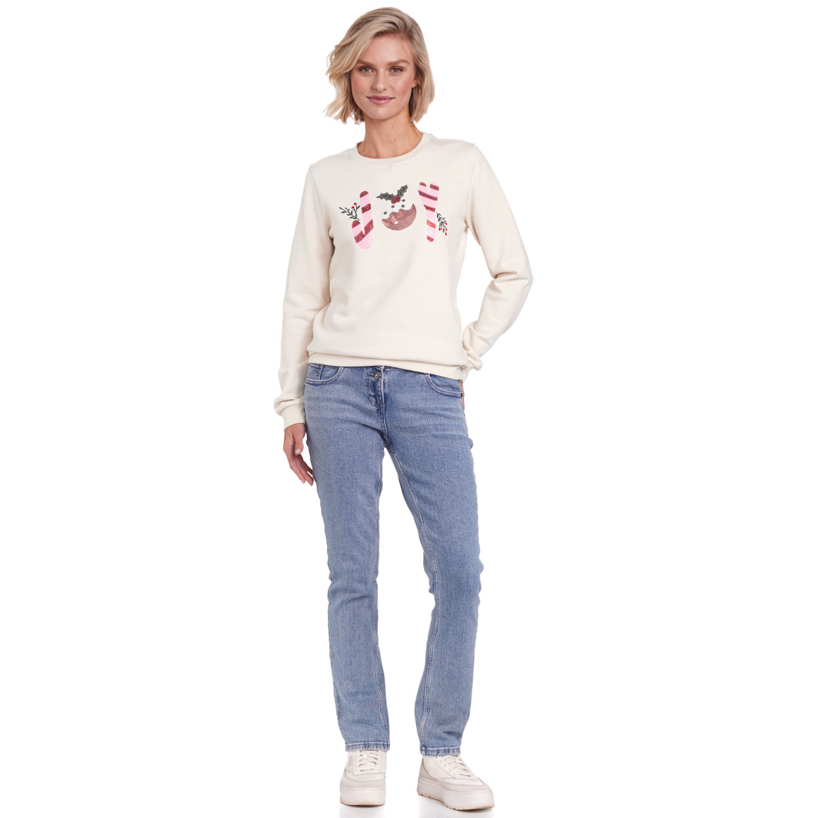 Damen Weihnachtssweatshirt mit Applikation cremeweiss