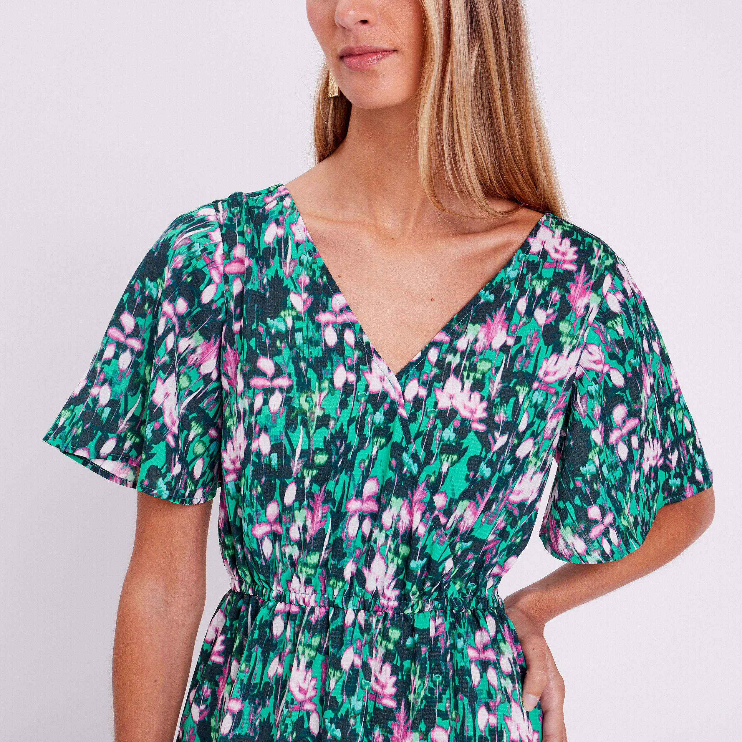 Robe longue évasée dos ouvert vert femme | Cache Cache