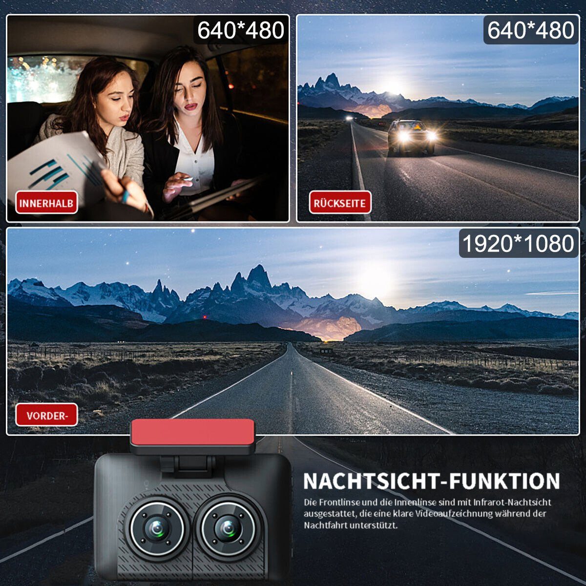 yozhiqu 4-Zoll-Fahrrekorder HD 1080P mit drei Objektiven Dashcam (Nachtsicht bei schlechten Lichtverhältnissen mit Rückfahrbild)