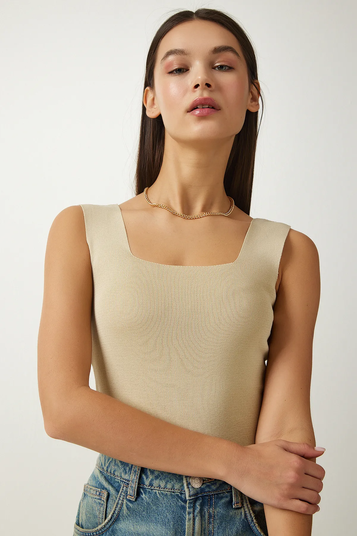 Happiness İstanbul  Damen-Strickbluse mit quadratischem Kragen in Beige, kurzärmelig, US00358
