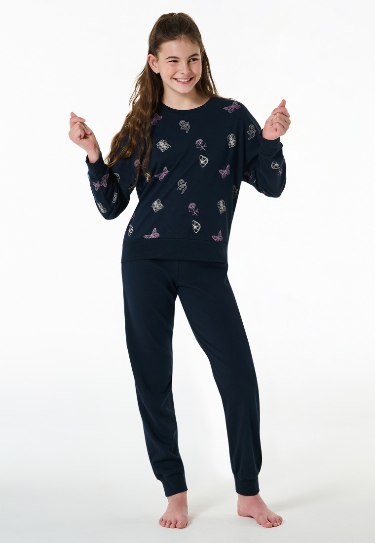 Schlafanzug lang Interlock Bündchen Traummotive nachtblau - Nightwear