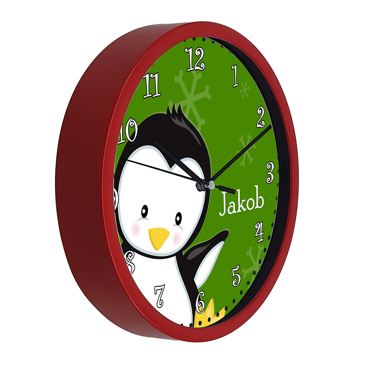 Kinder Wanduhr personalisiert mit Name Pinguin grün