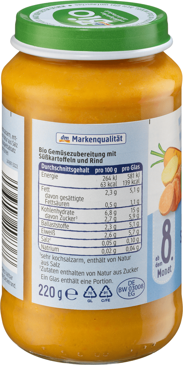 Menü Karotten mit Süßkartoffeln und Rind ab dem 8. Monat, Demeter, 220 g