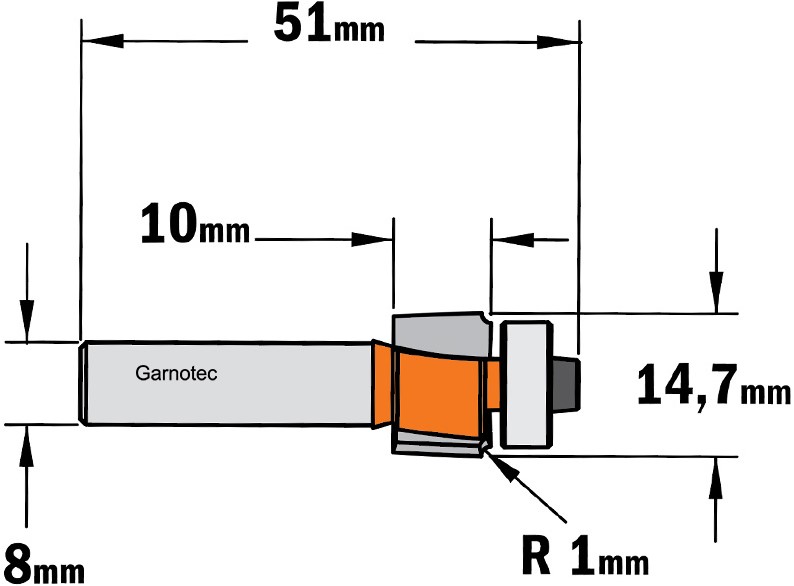 CMT 938.147.11 Dobas rādiusa frēze (bez paceltas malas) R=1 ar vadotni 14,7 x 10 mm kāts 8 mm