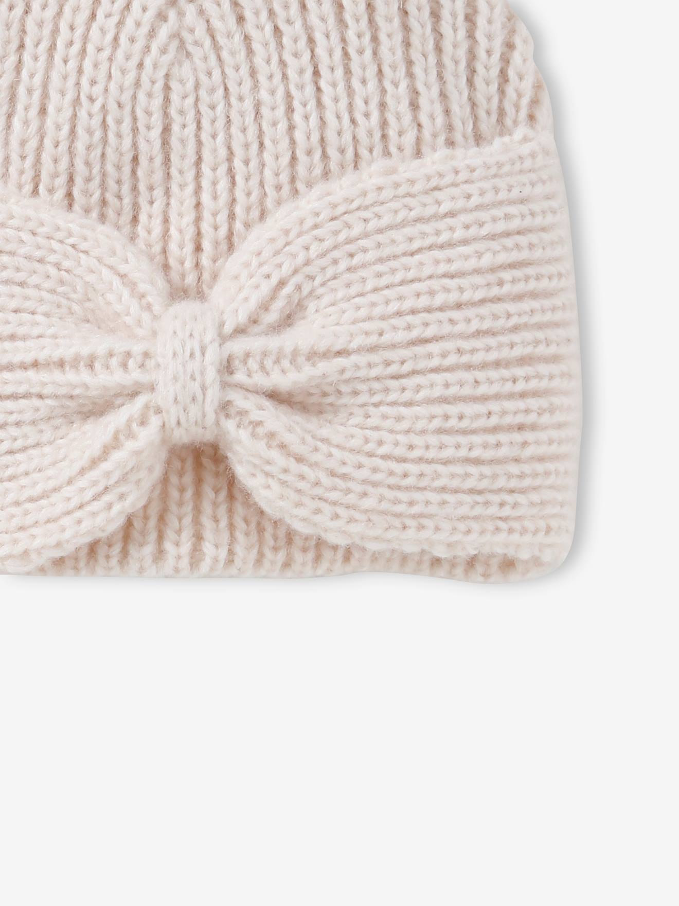 Bonnet fille en maille côtelée avec noeud fantaisie beige chiné