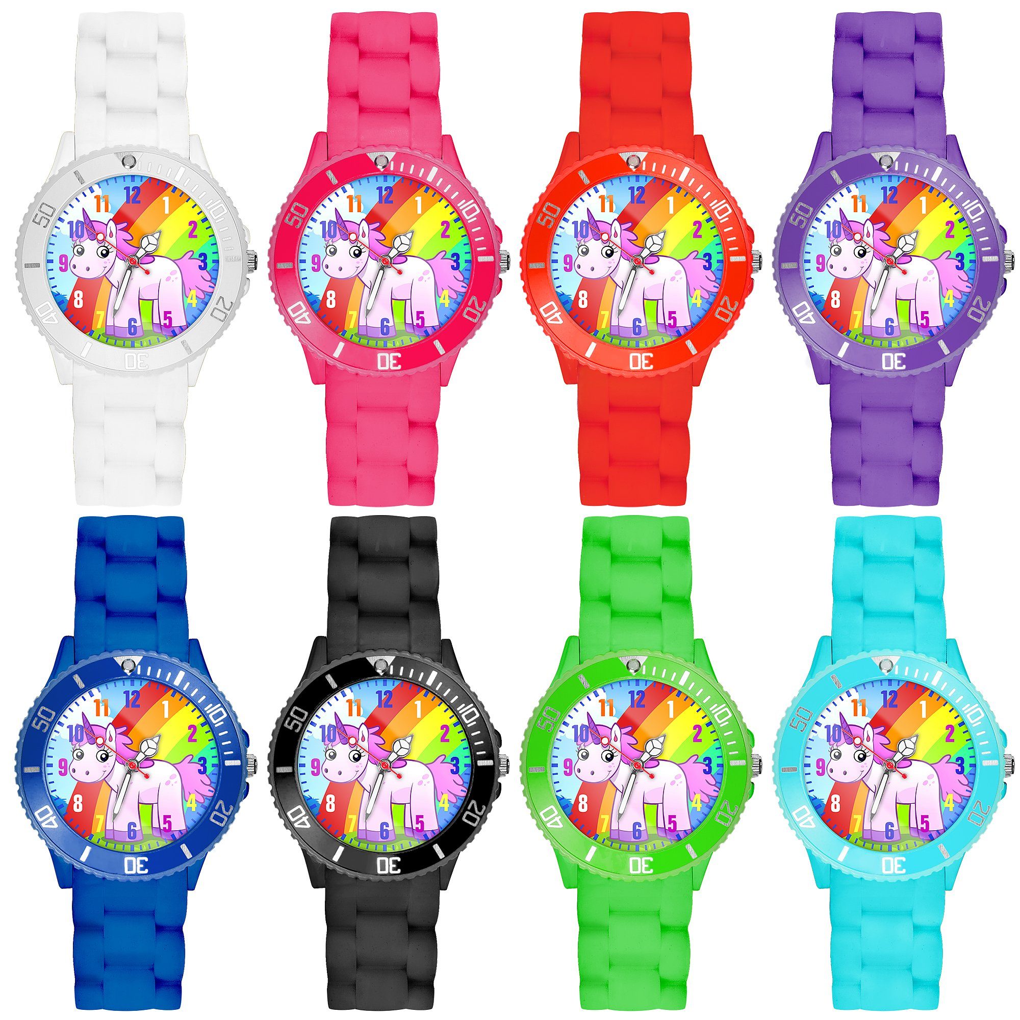 Taffstyle Quarzuhr Kinder Armbanduhr Silikon Einhorn Analog Uhr Bunt, Mädchen Sportuhr Bunte Kinderuhr Lernuhr Regenbogen Silikonuhr