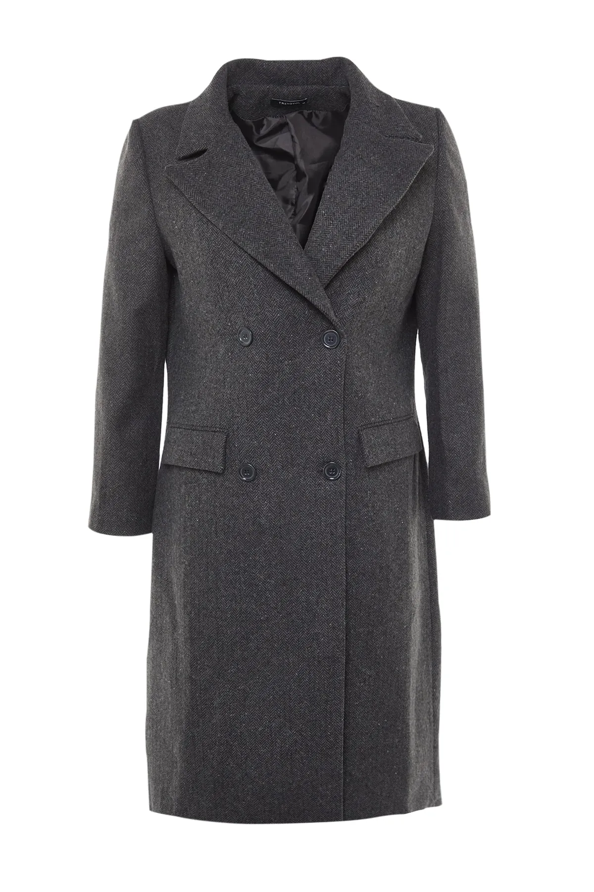 Trendyol Curve  Schwarzer Kaschmirmantel mit Taschenklappe TBBAW23DD00007