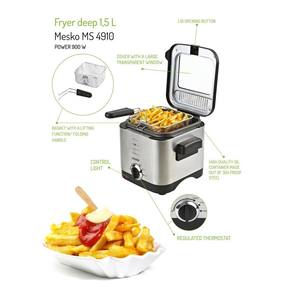 Mesko Fritteuse MS 4910, Mini Fritteuse, 1,5 Liter Fassungsvermögen, 900 Watt, Silber, klein, kompakt