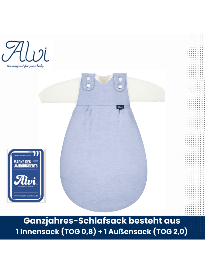 Alvi 4-Season Mull-Schlafsack Baby Mäxchen 2tlg. Exklusiv in Blaugrau günstig kaufen