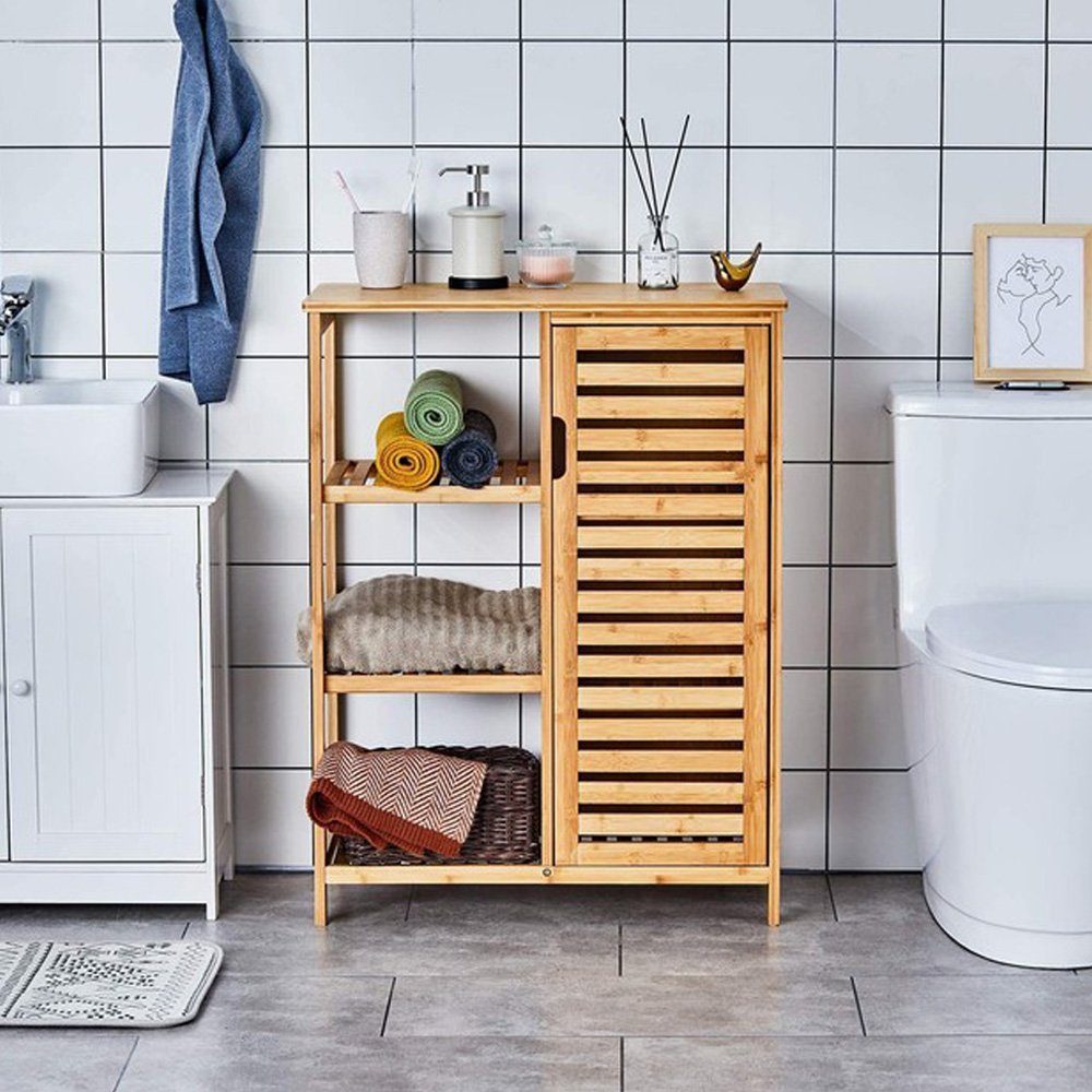 WAOHO Badkommode Badezimmerschrank aus Bambus, Aufbewahrungsschrank mit6 Trennwänden