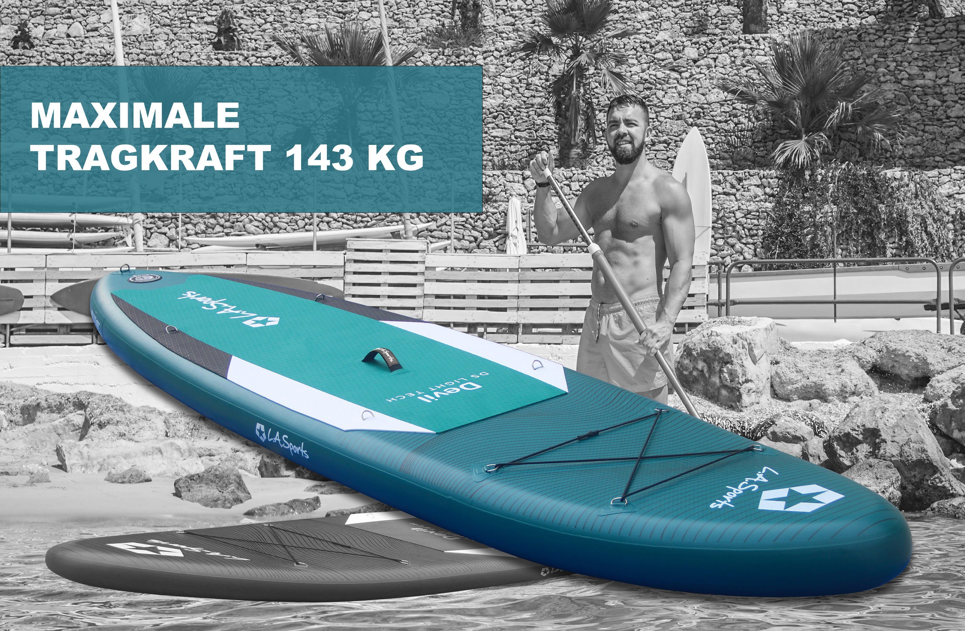 L.A. Sports Inflatable SUP-Board Devil, (Set, 6 tlg., mit Paddel, Pumpe und Transportrucksack)