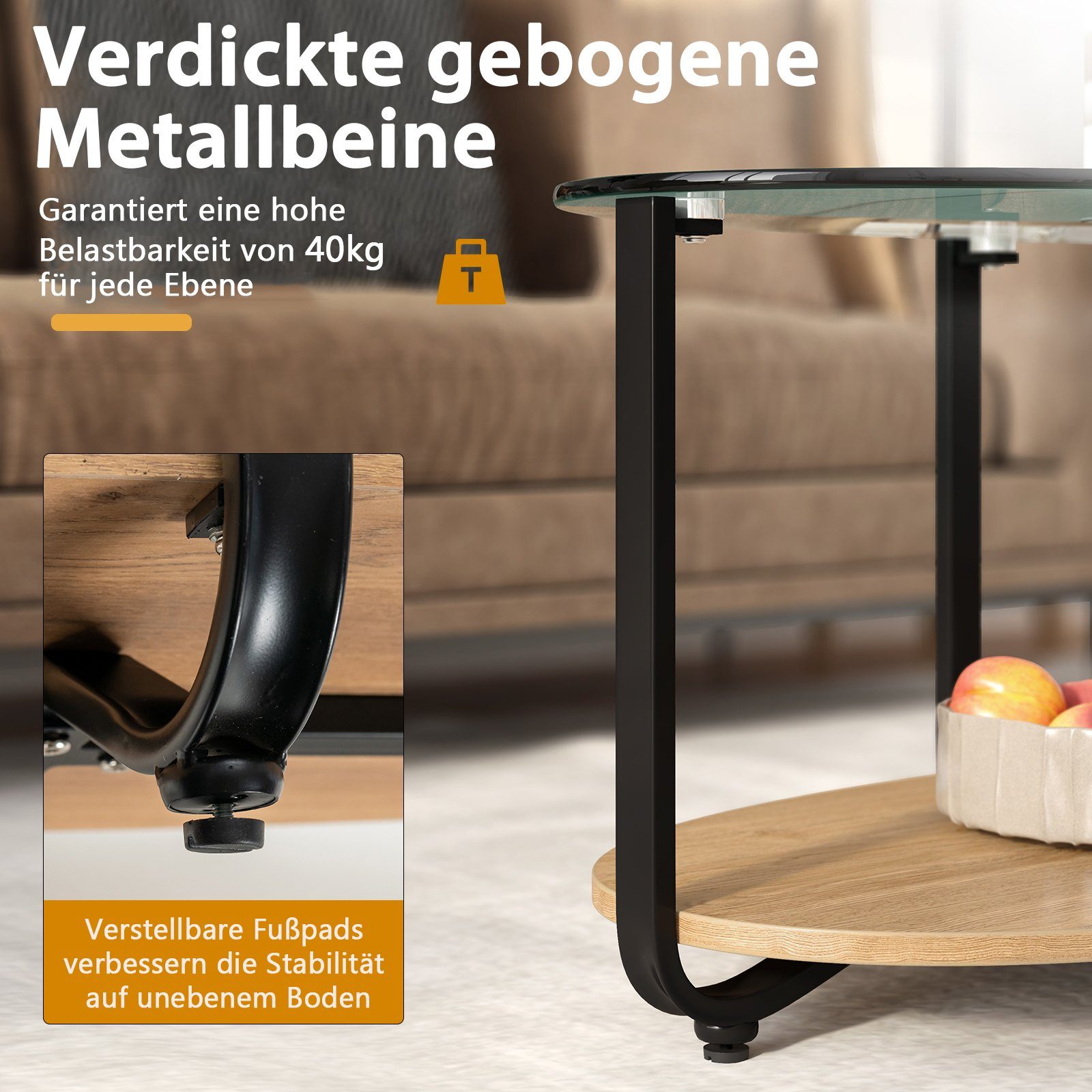 COSTWAY Couchtisch, Glas 2 Ebene mit Stauraum, Metallrahmen, oval, 95x50x44cm