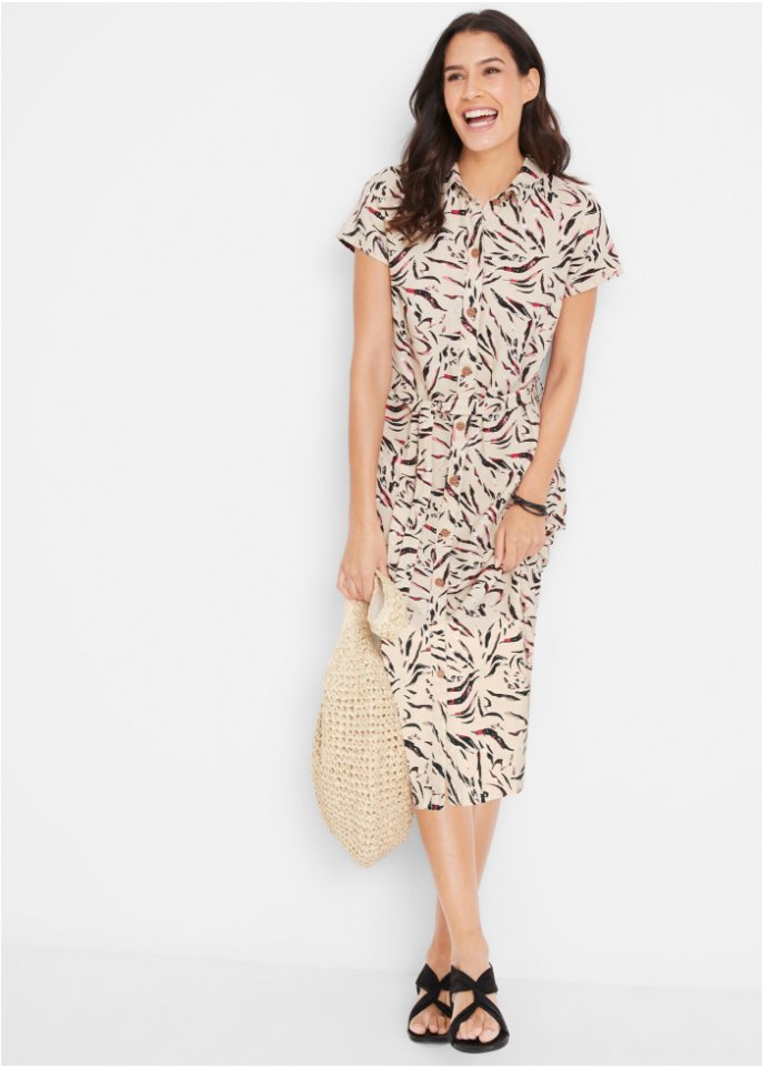 Bedrucktes Kleid mit Leinen