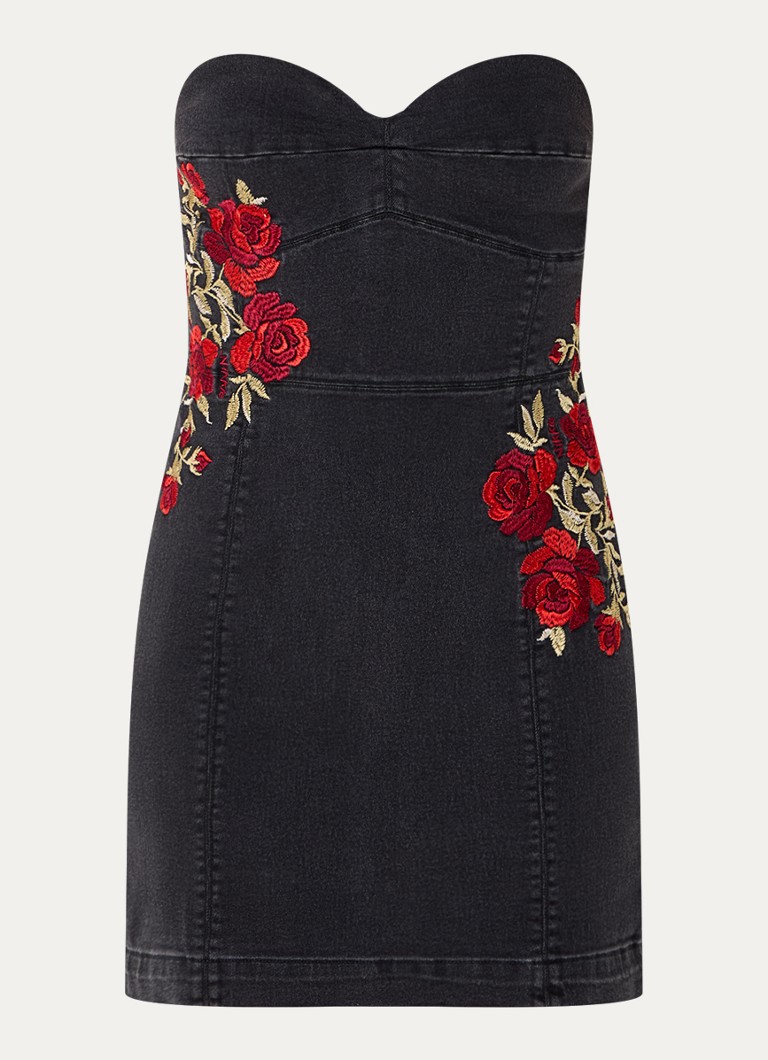 Rochie mini NIKKIE din denim fără bretele cu broderie