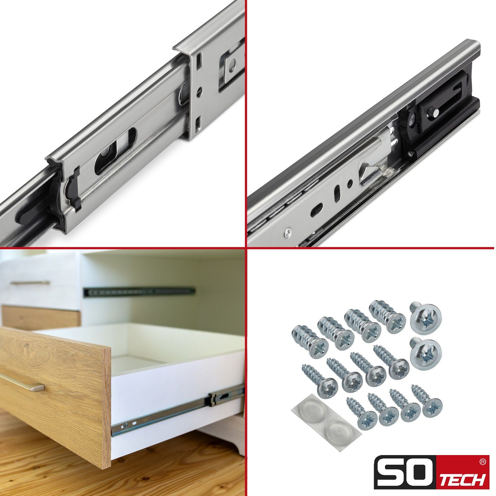 SO-TECH® Auszug Vollauszüge KV1-35-H45-SE-MS Traglast 35 kg, Selbsteinzug, Länge 250 mm, 1 Paar inkl. Schraubenset