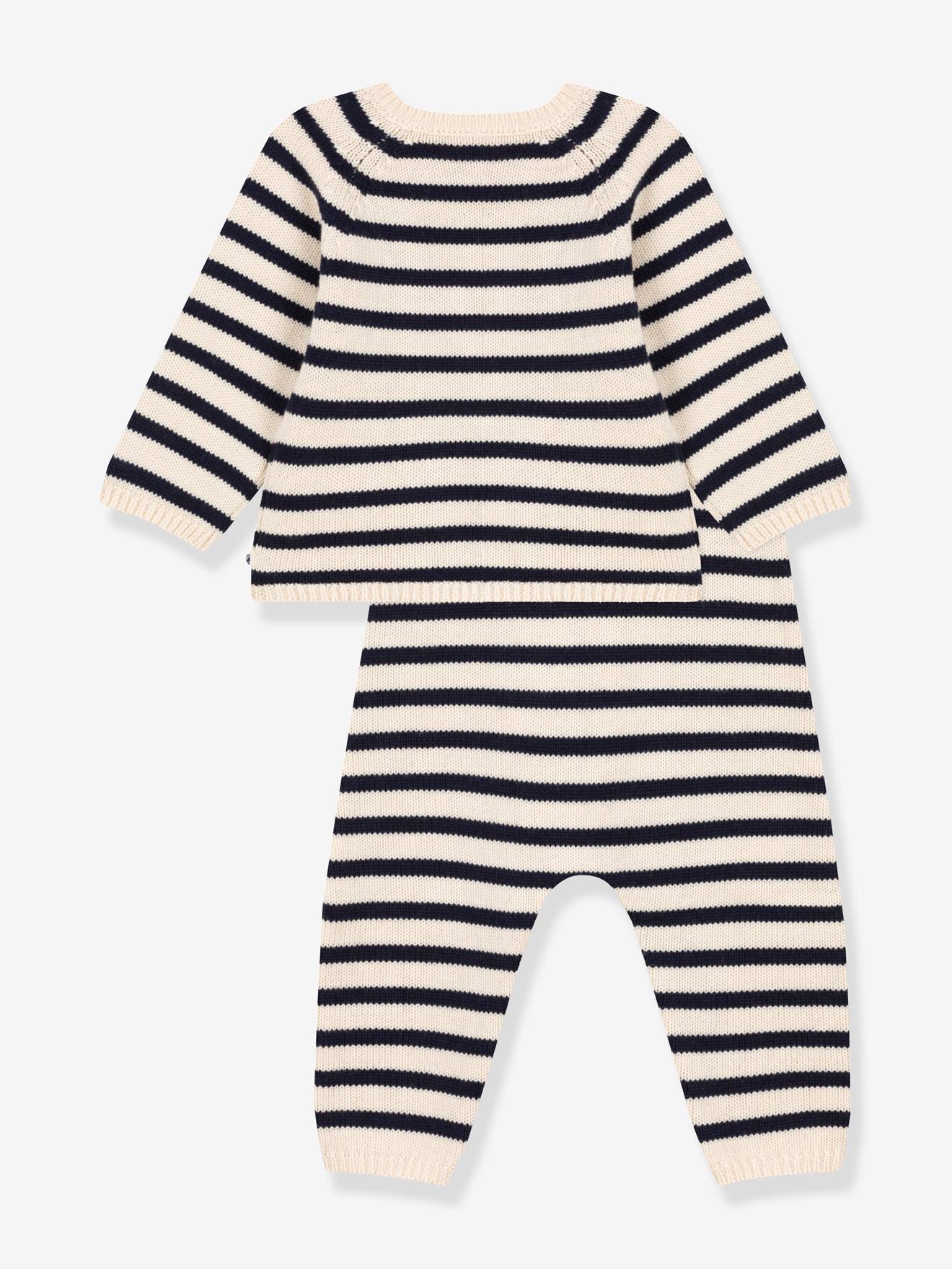 Ensemble en tricot laine et coton rayure marinière bébé PETIT BATEAU beige imprimé