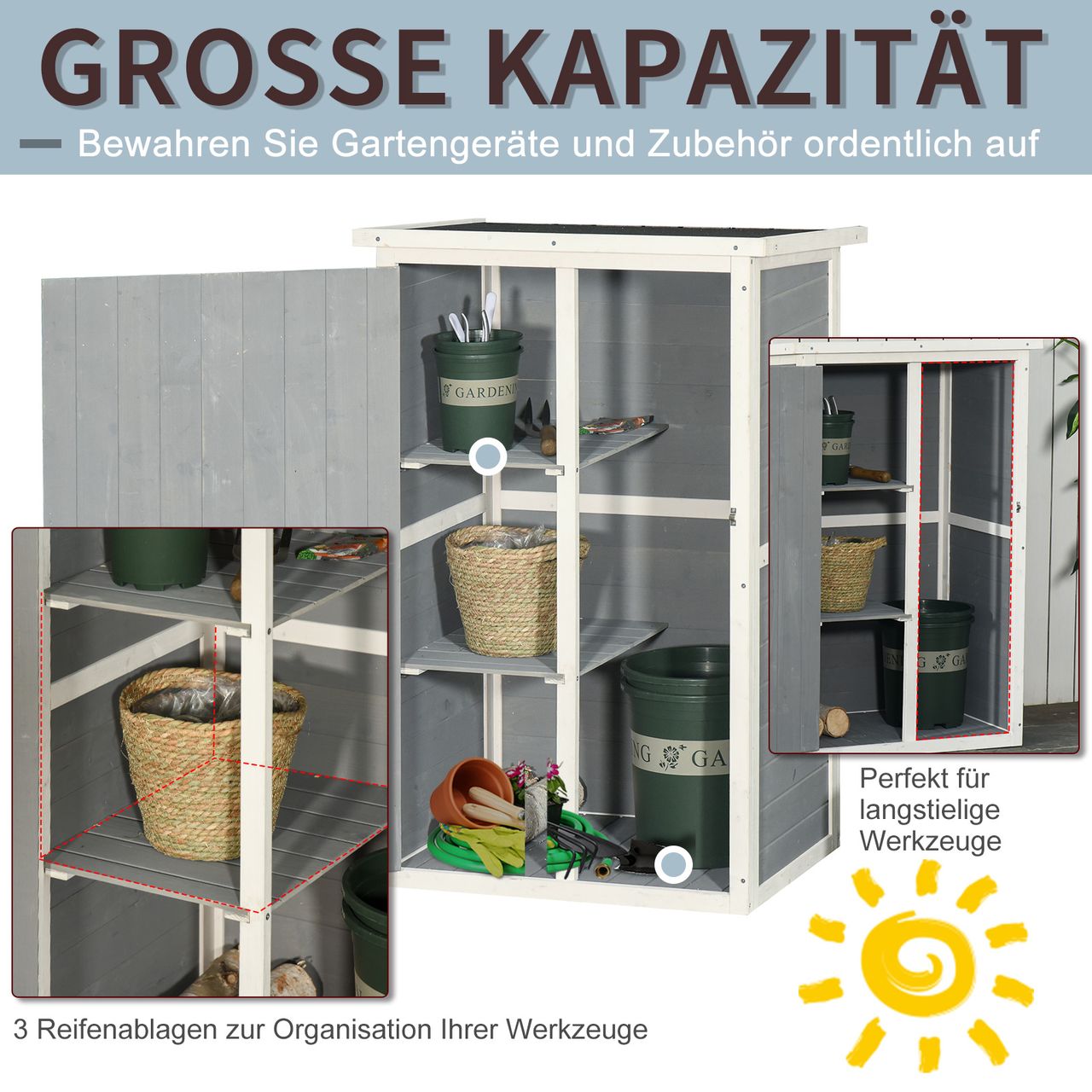 Outsunny Gartenhaus Gerätehaus Geräteschuppen mit Regalböden Geräteschuppen Lagerschuppen für Garten Tanne Schwarz Grau Weiß 75 x 56 x115 cm