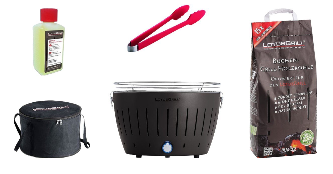 LotusGrill Holzkohlegrill LotusGrill Starter-Set Classic 1x Grill Anthrazitgrau mit USB-Anschluß