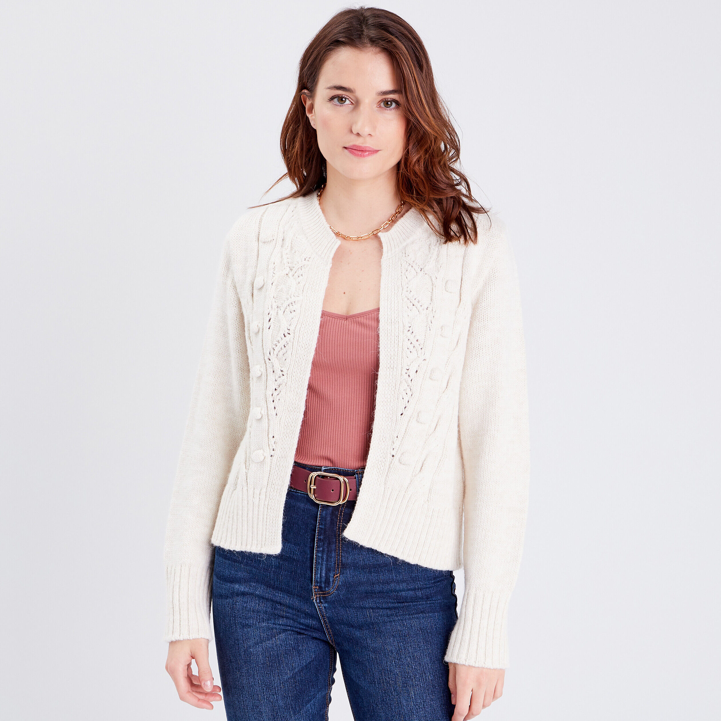 Gilet manches longues ajouré ecru femme | Cache Cache