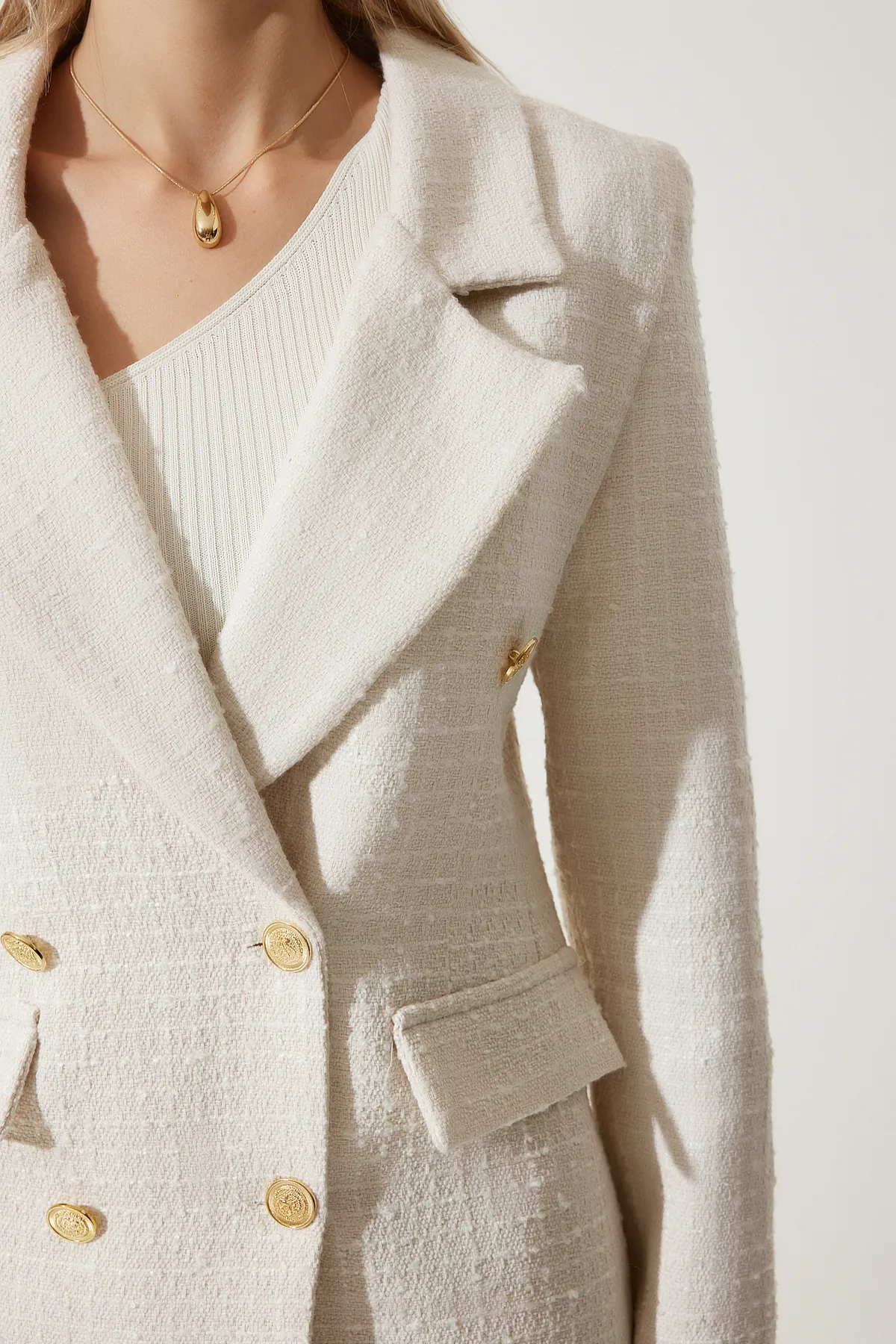 Happiness İstanbul  Damen Blazer mit Knochenknöpfen, Tweedjacke WF00004