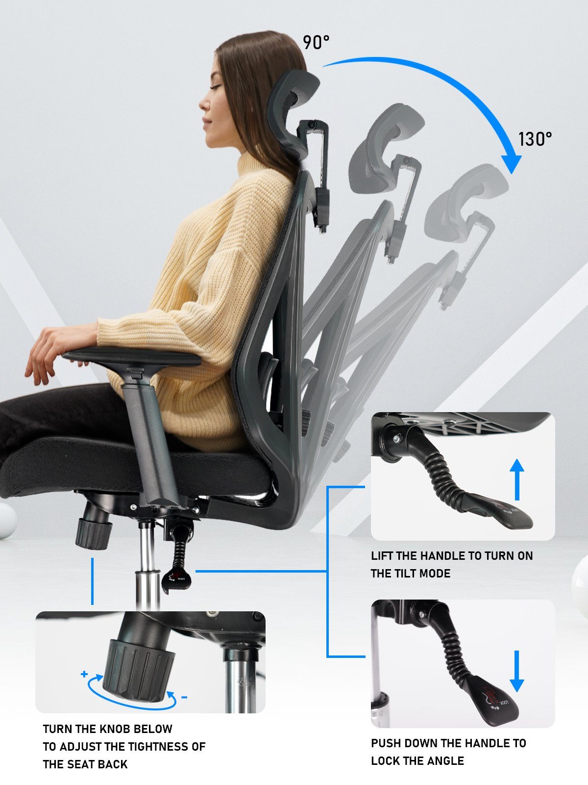 Durrafy Chefsessel Bürostuhl,Ergonomische Bürostühle,Schreibtischstuhl,Computerstuhl, Drehstuhl, Wippfunktion von 90° bis 130°, 150kg belastbar, leise Rolle