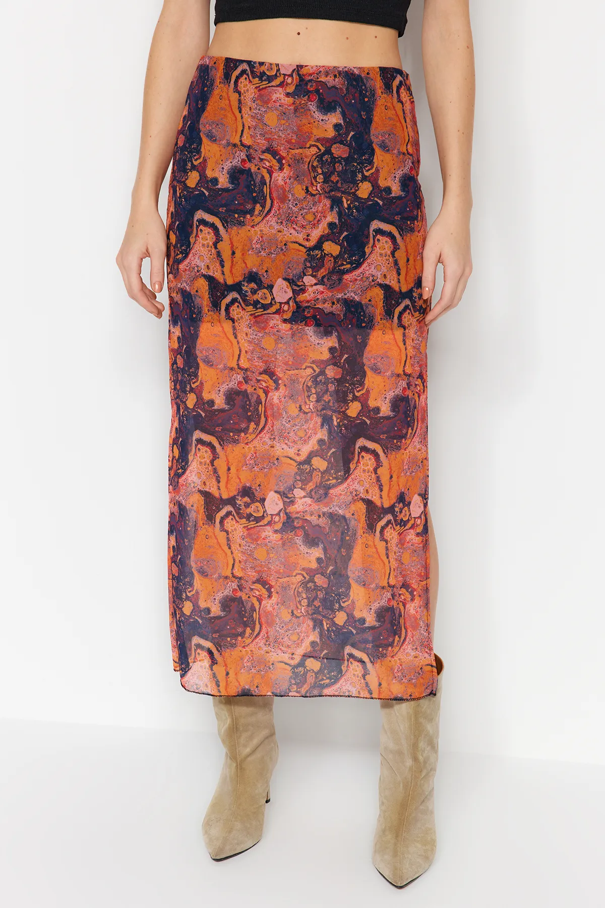 Trendyol Collection  Orange gemusterter Maxi-Tüllrock mit Spitzendetail und Stretch-Strick TWOSS23ET00369