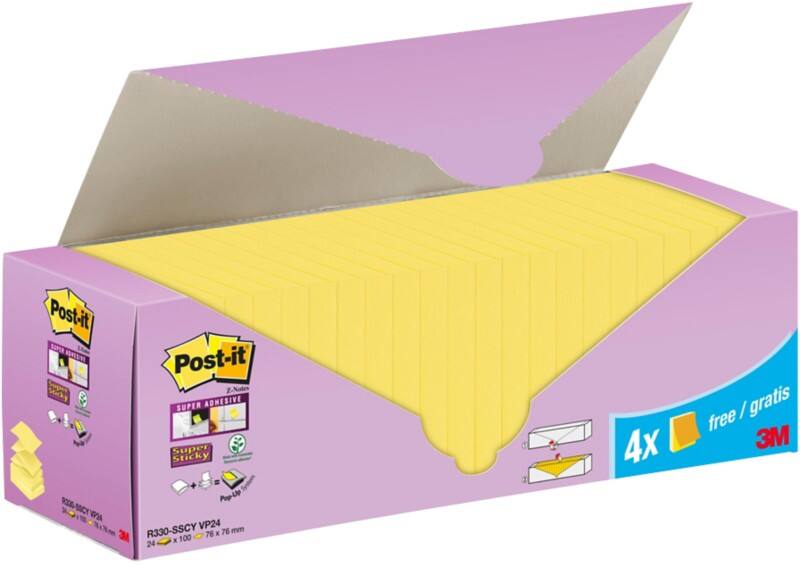 Post-it Super Sticky Z-Notes 76 x76 mm Kanariengelb Packung mit 24 Blöcken à 90 Blatt Value Pack 20 4 GRATIS