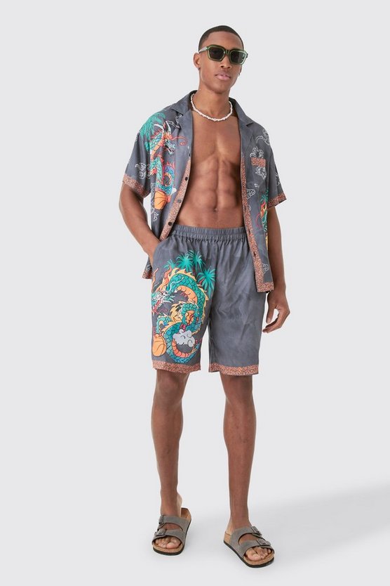 Kastiges Viskose-Hemd und Shorts mit Drachen-Print