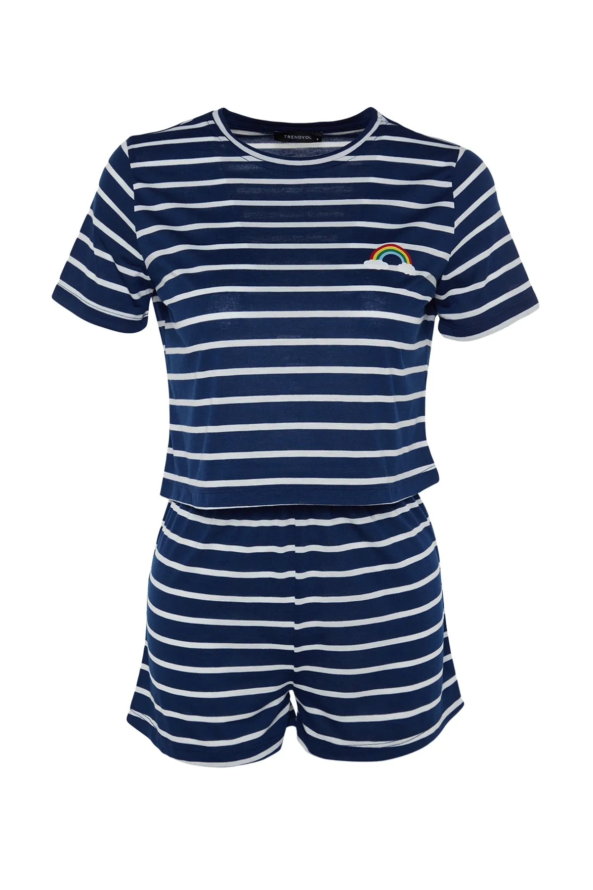 Trendyol Collection  Marineblaues, mit Regenbogen bedrucktes T-Shirt-Shorts-Strick-Pyjama-Set THMSS20PT0230