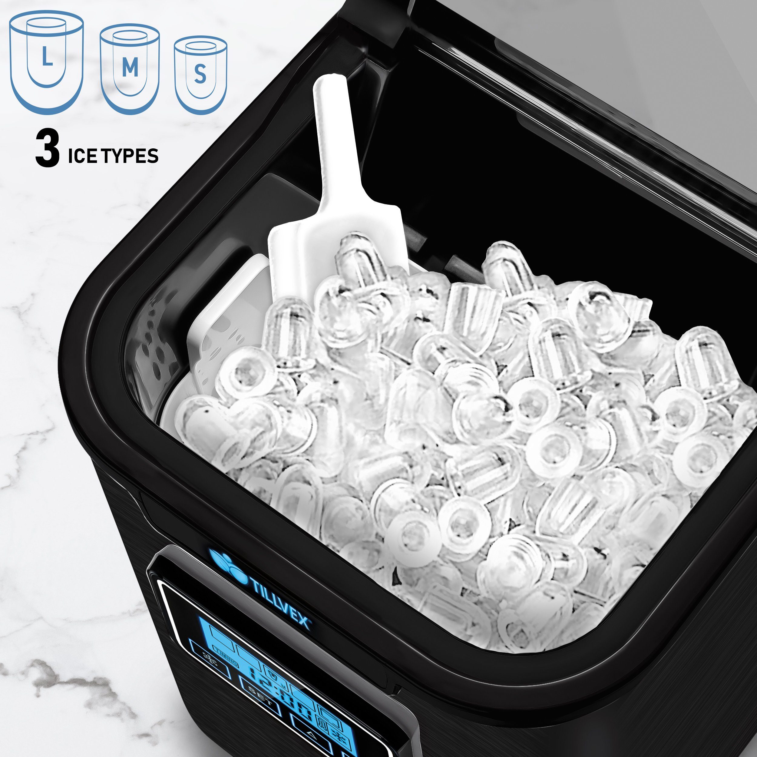 tillvex Eiswürfelmaschine Ice Maker 12 kg - 24 h Edelstahl, Mit Timer & LCD-Display, 2,2L Wassertank & Selbstreinigungsfunktion, 3 Eiswürfel Größen